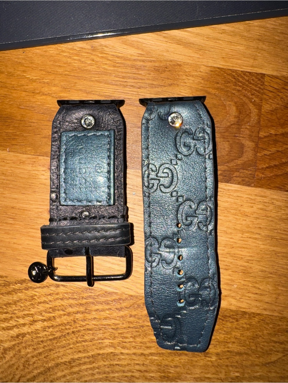 Gucci Dark Blue & Black Embossed GG Leather Watch Strap with patch
